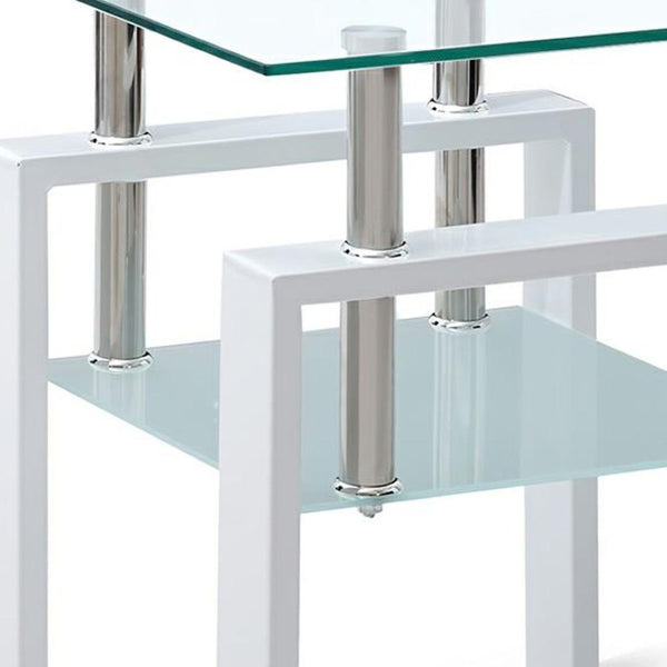 HomeRoots Set of Two Stylish Clear Glass & White Metal Square End Tables with Shelf for Modern Interiors 635681