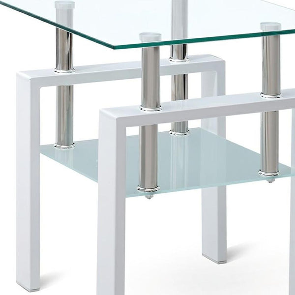 HomeRoots Set of Two Stylish Clear Glass & White Metal Square End Tables with Shelf for Modern Interiors 635681