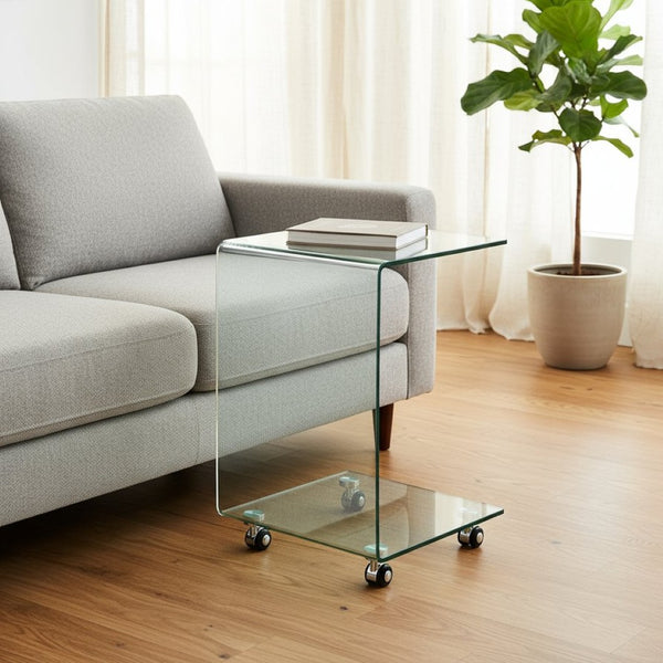 HomeRoots 24" Clear Glass Square End Table with Integrated Shelf and Wheels for Modern Living Spaces 635682