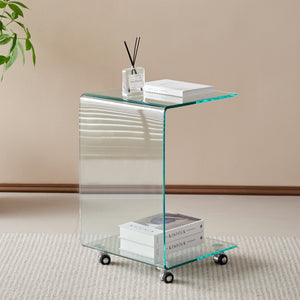 HomeRoots 24" Clear Glass Square End Table with Integrated Shelf and Wheels for Modern Living Spaces 635682
