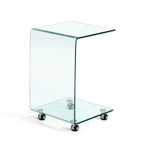 HomeRoots 24" Clear Glass Square End Table with Integrated Shelf and Wheels for Modern Living Spaces 635682