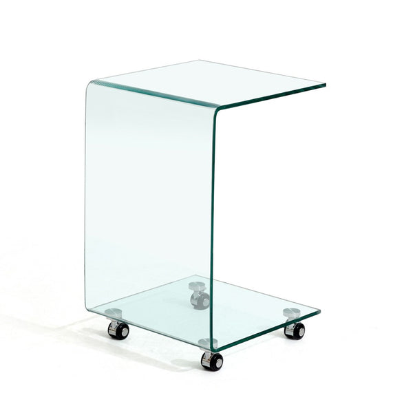 HomeRoots 24" Clear Glass Square End Table with Integrated Shelf and Wheels for Modern Living Spaces 635682
