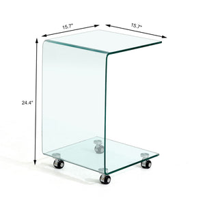 HomeRoots 24" Clear Glass Square End Table with Integrated Shelf and Wheels for Modern Living Spaces 635682