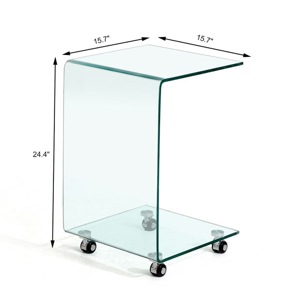 HomeRoots 24" Clear Glass Square End Table with Integrated Shelf and Wheels for Modern Living Spaces 635682