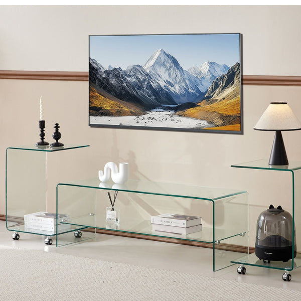HomeRoots 24" Clear Glass Square End Table with Integrated Shelf and Wheels for Modern Living Spaces 635682