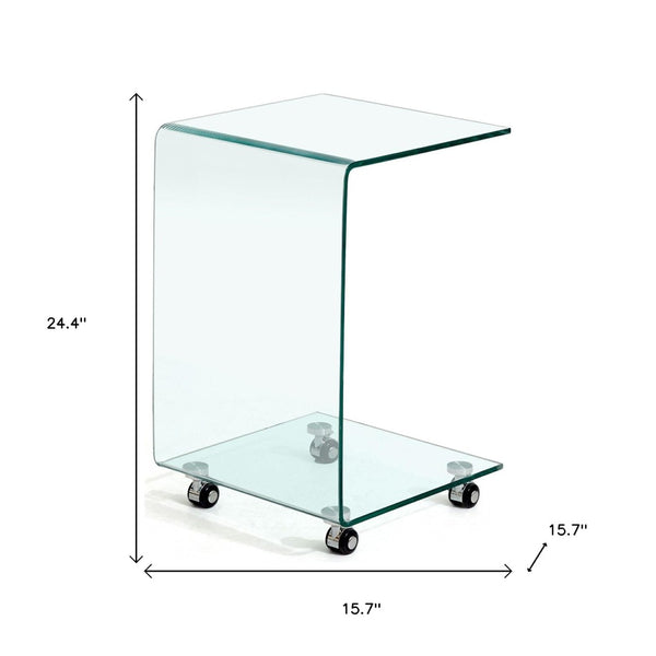 HomeRoots 24" Clear Glass Square End Table with Integrated Shelf and Wheels for Modern Living Spaces 635682