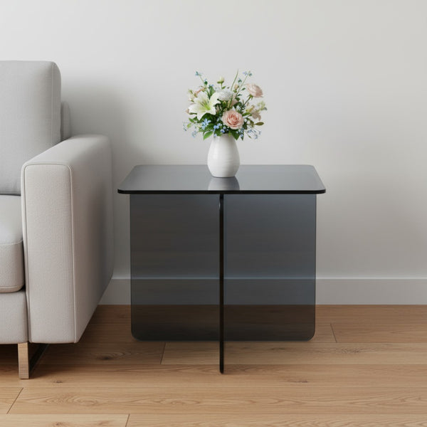 HomeRoots 16" Smoky Black Glass End Table with Cross Legs - Modern Minimalist Accent for Small Spaces 635683