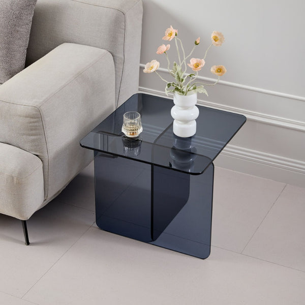 HomeRoots 16" Smoky Black Glass End Table with Cross Legs - Modern Minimalist Accent for Small Spaces 635683
