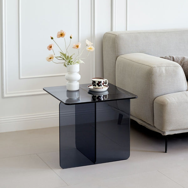 HomeRoots 16" Smoky Black Glass End Table with Cross Legs - Modern Minimalist Accent for Small Spaces 635683