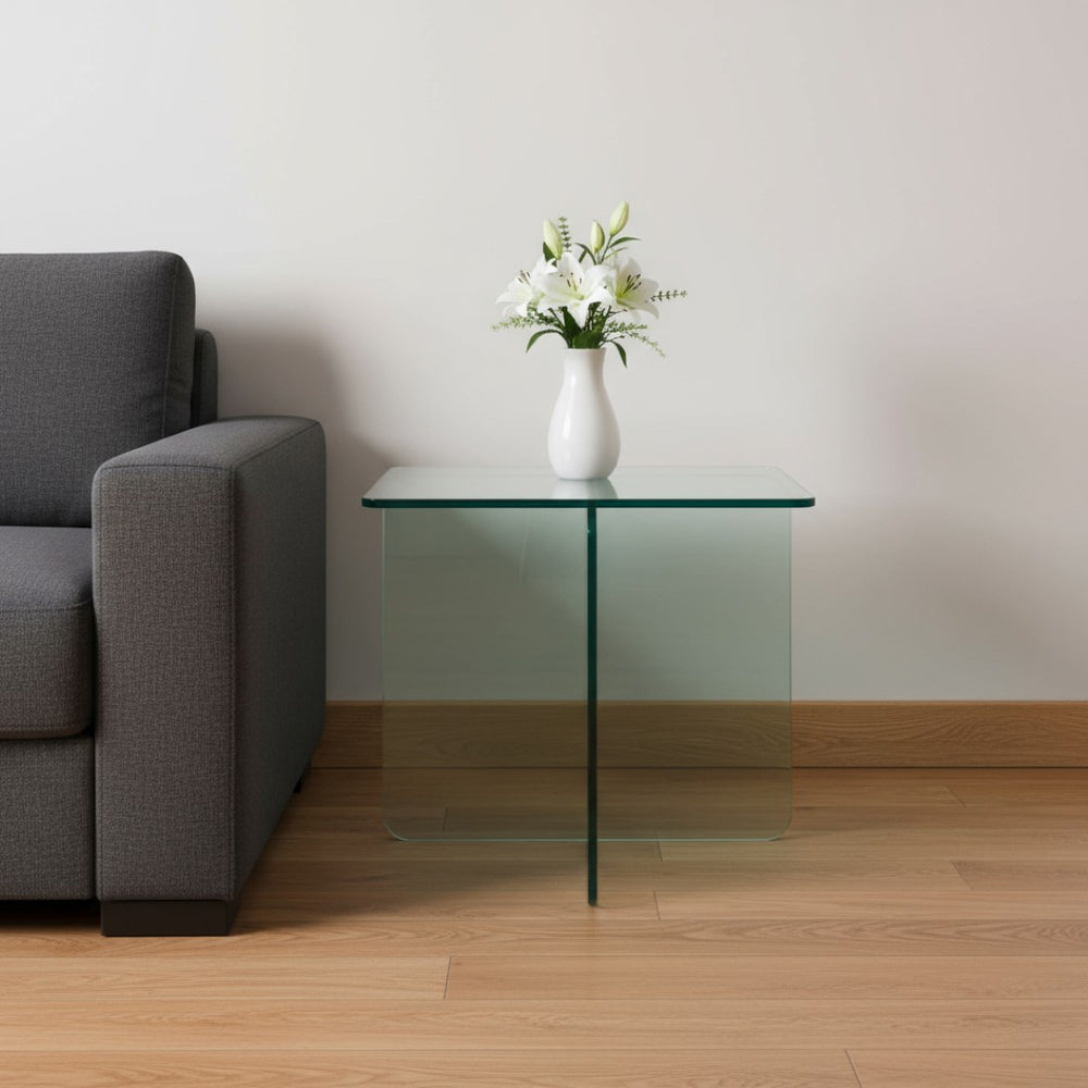 HomeRoots 16" Clear Glass End Table with Cross Legs – Modern Minimalist Design for Compact Living Spaces 635685