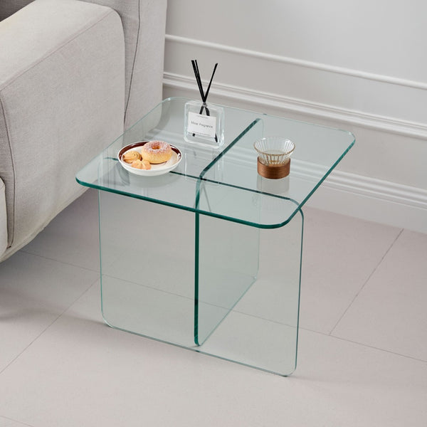 HomeRoots 16" Clear Glass End Table with Cross Legs – Modern Minimalist Design for Compact Living Spaces 635685