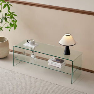 HomeRoots 47" Clear Glass Trestle Coffee Table with Shelf – Modern Minimalist Design for Stylish Spaces! 635686