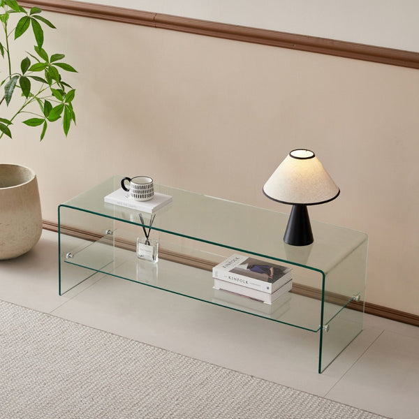 HomeRoots 47" Clear Glass Trestle Coffee Table with Shelf – Modern Minimalist Design for Stylish Spaces! 635686