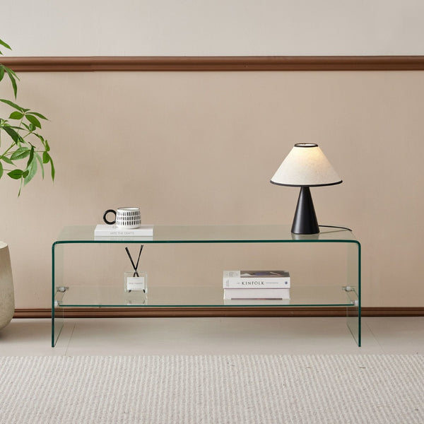 HomeRoots 47" Clear Glass Trestle Coffee Table with Shelf – Modern Minimalist Design for Stylish Spaces! 635686