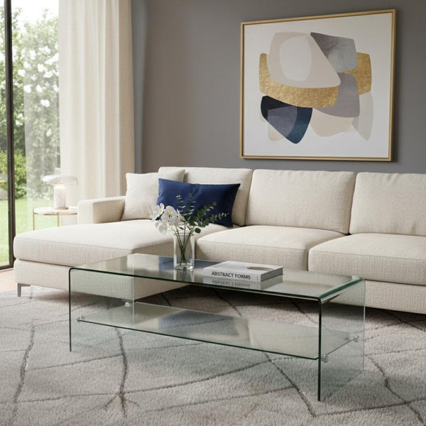 HomeRoots 47" Clear Glass Trestle Coffee Table with Shelf – Modern Minimalist Design for Stylish Spaces! 635686
