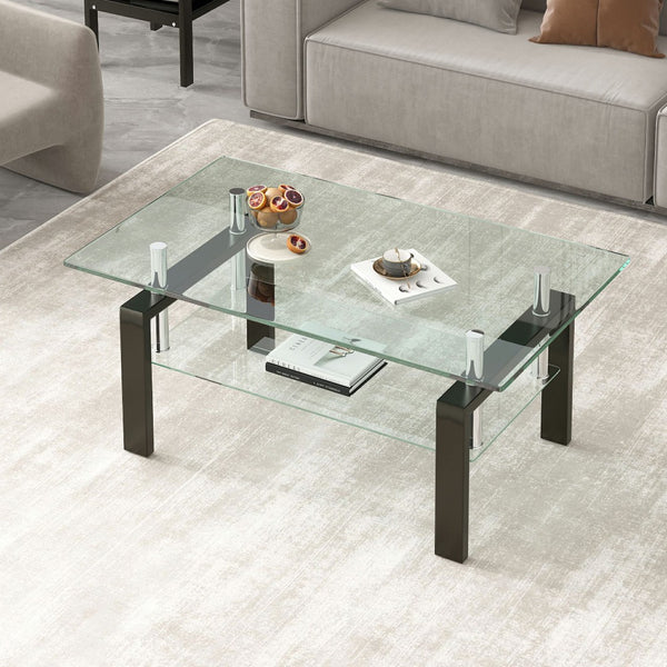 HomeRoots 39" Modern Clear Glass Coffee Table with Black Steel Legs & Two-Tier Storage Shelf for Living Rooms 635696