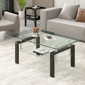 HomeRoots 39" Modern Clear Glass Coffee Table with Black Steel Legs & Two-Tier Storage Shelf for Living Rooms 635696