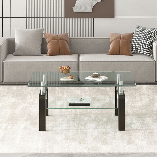HomeRoots 39" Modern Clear Glass Coffee Table with Black Steel Legs & Two-Tier Storage Shelf for Living Rooms 635696