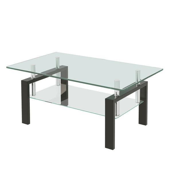 HomeRoots 39" Modern Clear Glass Coffee Table with Black Steel Legs & Two-Tier Storage Shelf for Living Rooms 635696