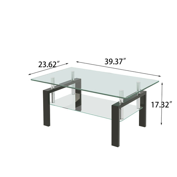HomeRoots 39" Modern Clear Glass Coffee Table with Black Steel Legs & Two-Tier Storage Shelf for Living Rooms 635696