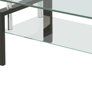 HomeRoots 39" Modern Clear Glass Coffee Table with Black Steel Legs & Two-Tier Storage Shelf for Living Rooms 635696