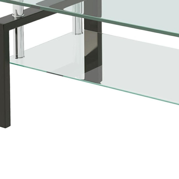 HomeRoots 39" Modern Clear Glass Coffee Table with Black Steel Legs & Two-Tier Storage Shelf for Living Rooms 635696