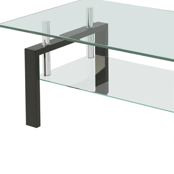 HomeRoots 39" Modern Clear Glass Coffee Table with Black Steel Legs & Two-Tier Storage Shelf for Living Rooms 635696
