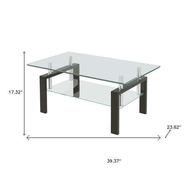 HomeRoots 39" Modern Clear Glass Coffee Table with Black Steel Legs & Two-Tier Storage Shelf for Living Rooms 635696