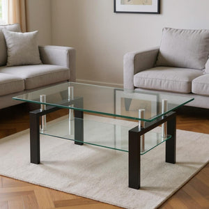 HomeRoots 39" Modern Clear Glass Coffee Table with Black Steel Legs & Two-Tier Storage Shelf for Living Rooms 635696
