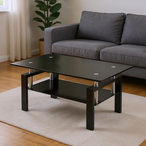 HomeRoots 39" Sleek Black Glass & Steel Coffee Table - Modern Two-Tier Design for Living Room Elegance 635697