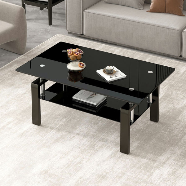 HomeRoots 39" Sleek Black Glass & Steel Coffee Table - Modern Two-Tier Design for Living Room Elegance 635697