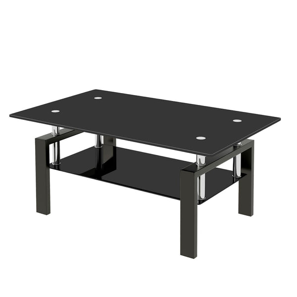 HomeRoots 39" Sleek Black Glass & Steel Coffee Table - Modern Two-Tier Design for Living Room Elegance 635697