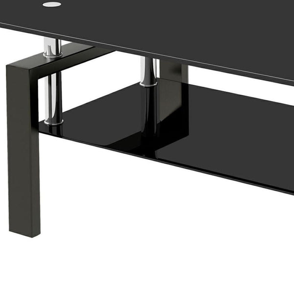 HomeRoots 39" Sleek Black Glass & Steel Coffee Table - Modern Two-Tier Design for Living Room Elegance 635697
