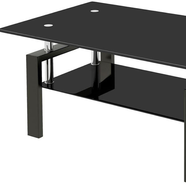 HomeRoots 39" Sleek Black Glass & Steel Coffee Table - Modern Two-Tier Design for Living Room Elegance 635697
