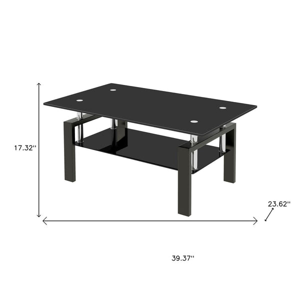 HomeRoots 39" Sleek Black Glass & Steel Coffee Table - Modern Two-Tier Design for Living Room Elegance 635697