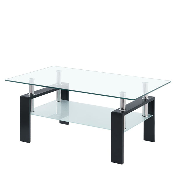 HomeRoots 39" Modern Clear Glass and Black Steel Coffee Table with Shelf - Stylish Living Room Centerpiece 635698