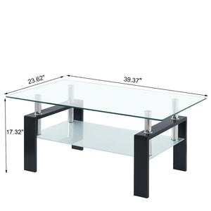 HomeRoots 39" Modern Clear Glass and Black Steel Coffee Table with Shelf - Stylish Living Room Centerpiece 635698
