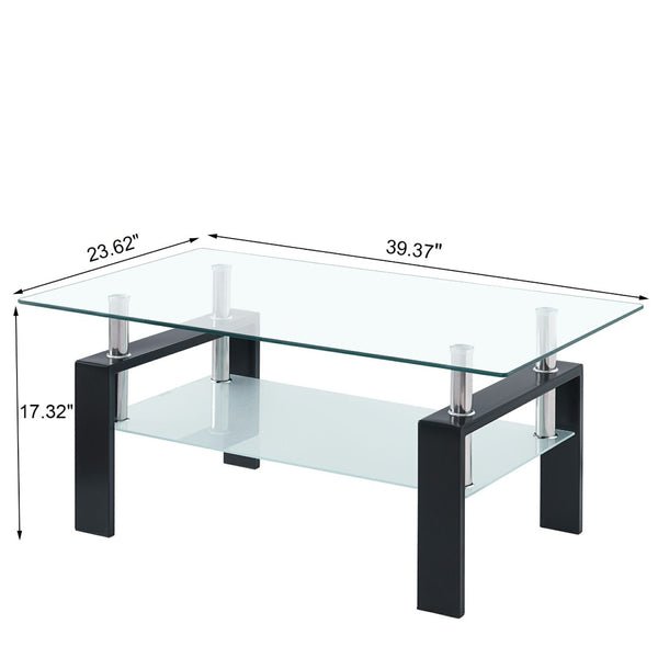 HomeRoots 39" Modern Clear Glass and Black Steel Coffee Table with Shelf - Stylish Living Room Centerpiece 635698