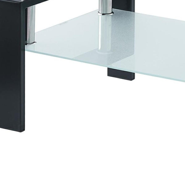 HomeRoots 39" Modern Clear Glass and Black Steel Coffee Table with Shelf - Stylish Living Room Centerpiece 635698
