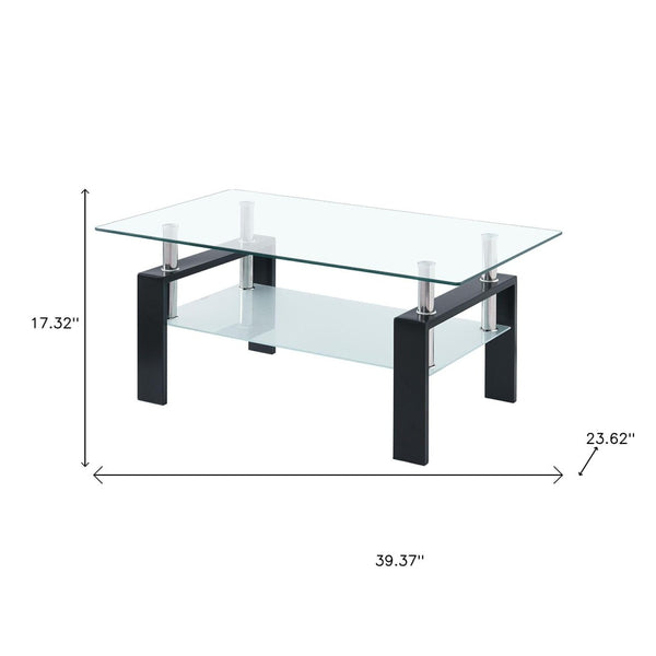 HomeRoots 39" Modern Clear Glass and Black Steel Coffee Table with Shelf - Stylish Living Room Centerpiece 635698
