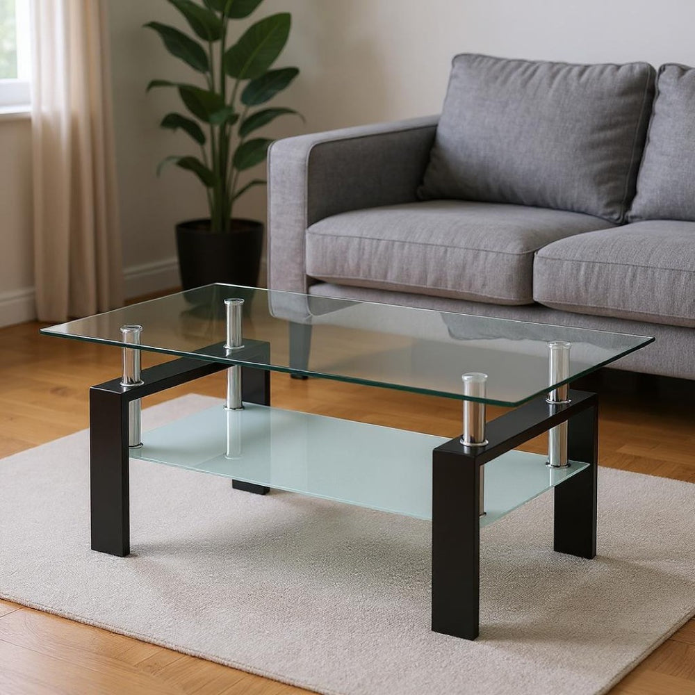 HomeRoots 39" Modern Clear Glass and Black Steel Coffee Table with Shelf - Stylish Living Room Centerpiece 635698