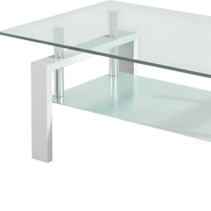 HomeRoots 39" Modern Clear Glass and White Steel Two-Tier Coffee Table with Storage Shelf for Living Spaces 635699
