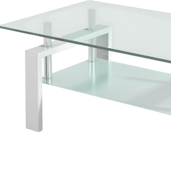 HomeRoots 39" Modern Clear Glass and White Steel Two-Tier Coffee Table with Storage Shelf for Living Spaces 635699