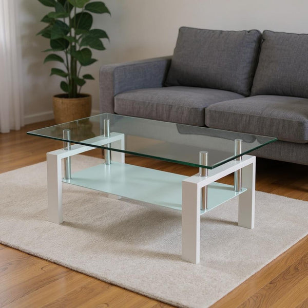 HomeRoots 39" Modern Clear Glass and White Steel Two-Tier Coffee Table with Storage Shelf for Living Spaces 635699