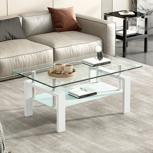 HomeRoots 39" Modern Clear Glass and White Steel Two-Tier Coffee Table with Storage Shelf for Living Spaces 635699