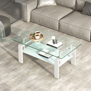 HomeRoots 39" Modern Clear Glass and White Steel Two-Tier Coffee Table with Storage Shelf for Living Spaces 635699