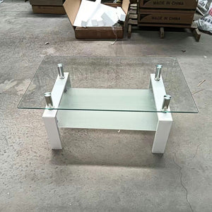 HomeRoots 39" Modern Clear Glass and White Steel Two-Tier Coffee Table with Storage Shelf for Living Spaces 635699