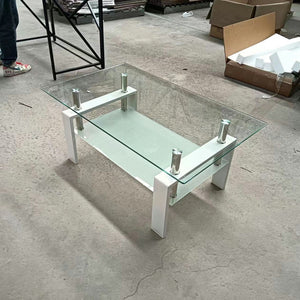 HomeRoots 39" Modern Clear Glass and White Steel Two-Tier Coffee Table with Storage Shelf for Living Spaces 635699