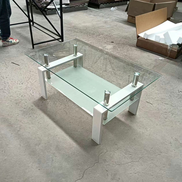 HomeRoots 39" Modern Clear Glass and White Steel Two-Tier Coffee Table with Storage Shelf for Living Spaces 635699