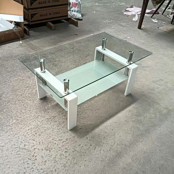 HomeRoots 39" Modern Clear Glass and White Steel Two-Tier Coffee Table with Storage Shelf for Living Spaces 635699